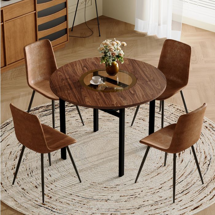 Ensemble Table et Chaises de Salle à Manger Ronde avec 1 Table 4 Chaises Plateau en MDF et Verre Marron Noir