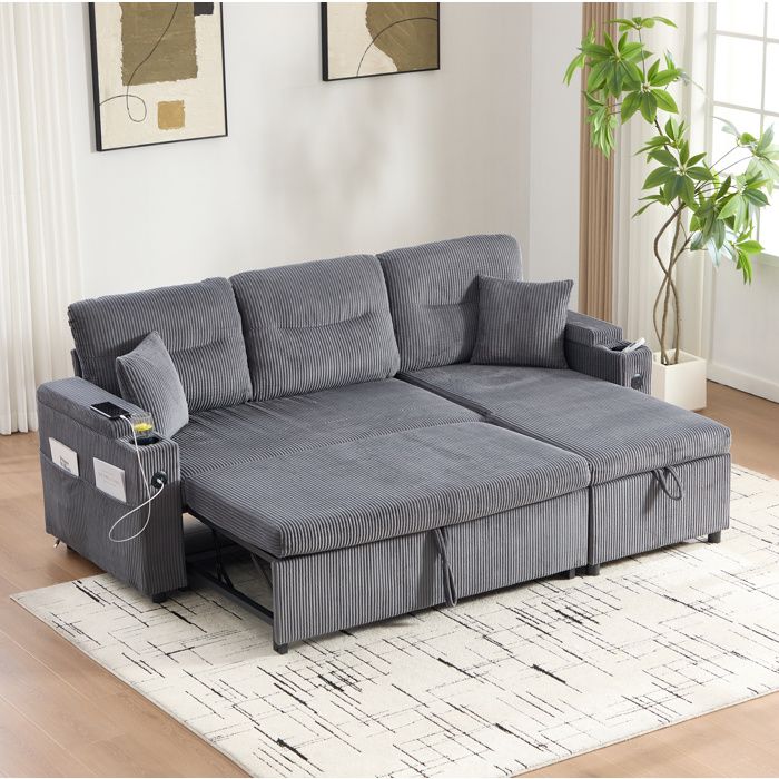 Canapé convertible 3 places gris carbone – chaise longue coffre et USB-C