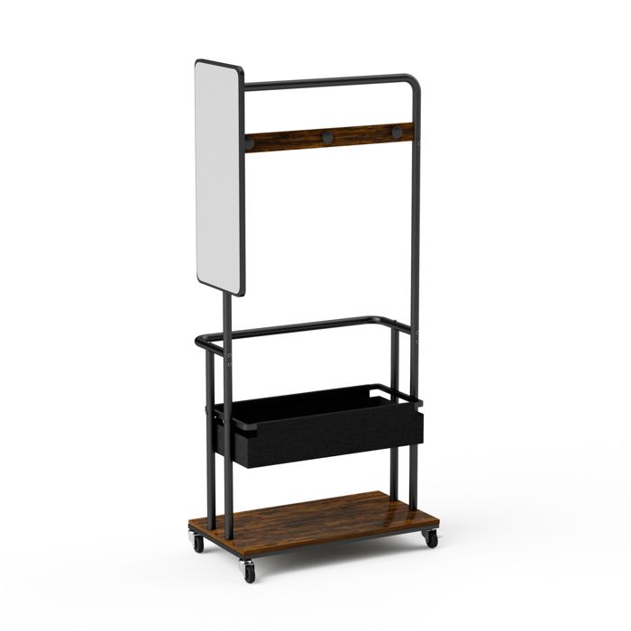 Portant dentrée mobile 3-en-1 avec miroir – métal et panneaux de particules – noir et marron – 70 x 40 x 170 cm