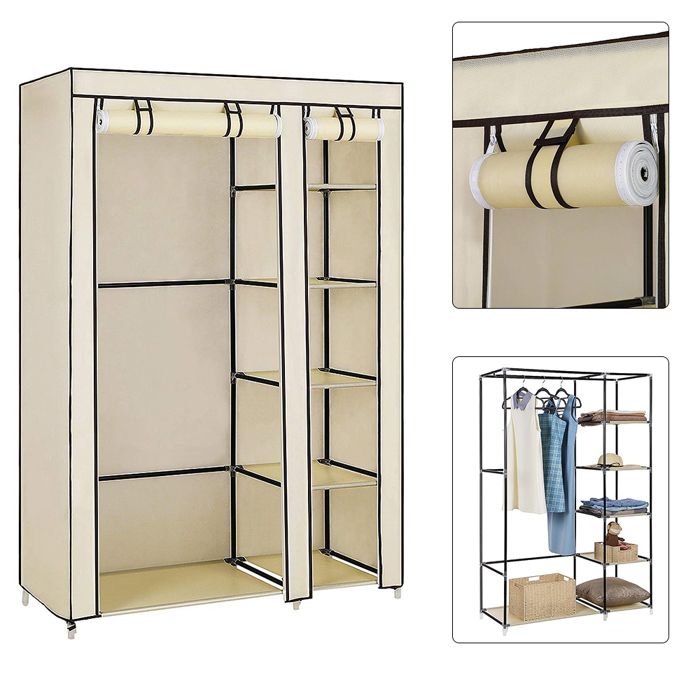 KEDIA Armoire Penderie en Tissu Beige 110*45*175cm Tringle à Vêtements Étagères Ouvertes Penderie Vêtement Dressing