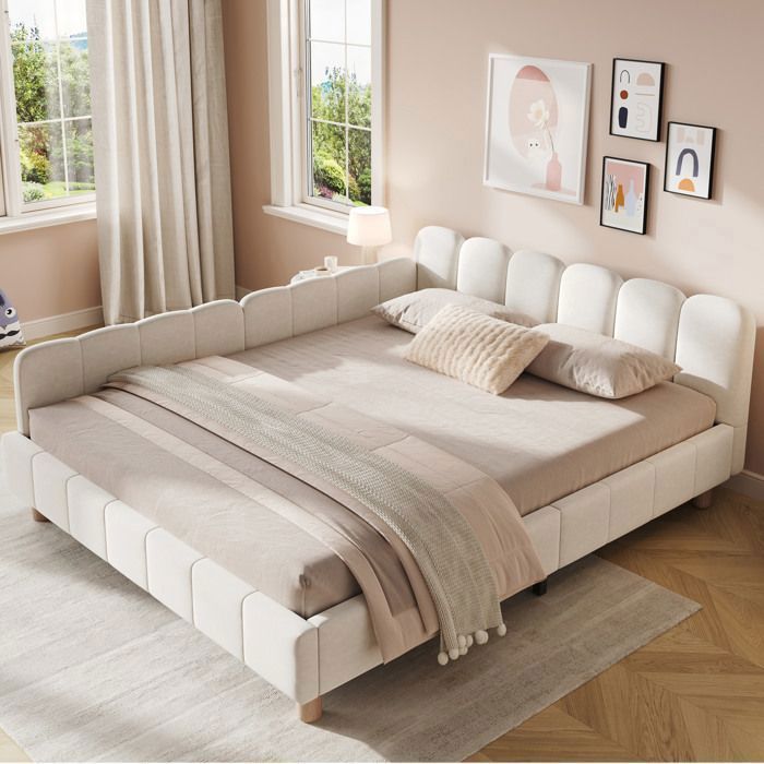 Structure de lit lit adulte 140 x 190 cm avec sommier à lattes barrière de sécurité en velours beige