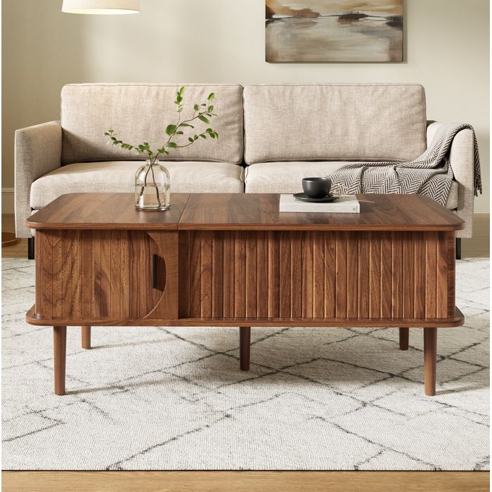 Maisentiel Table basse relevable 100 x 48 x 55 5 cm MDF effet noyer rainures verticales porte coulissante bois