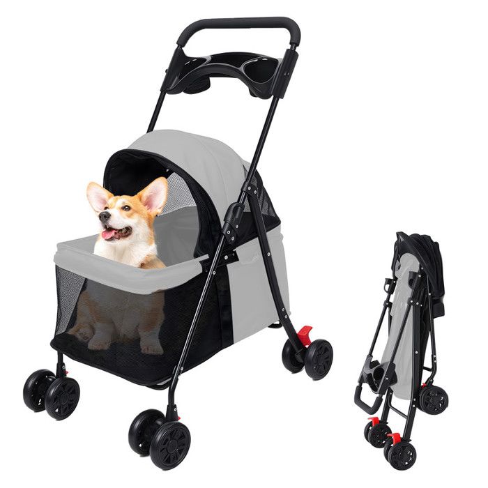 Poussette pour animaux pliante Cadre métal tissu Oxford imperméable anti‑griffure Double frein arrière Roues 360° Porte‑gobelet