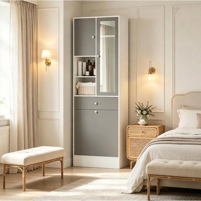 Colonne salle de bain 62 x 28 3 x 181 cm avec miroir panier à linge tiroir et étagère réglable Grjofek