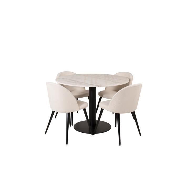 EstelleØ106WHBL ensemble table, table blanc, marbre et 4 Velvet chaises Velours côtelé beige, noir.