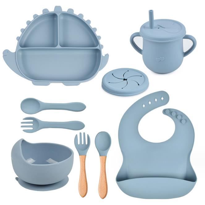 Assiette Ventouse pour Bébé, 8 Pièces Set Vaisselle Silicone Bebe Avec Aspiration,Cuillère et Fourchette, Gobelet et Bavoir(Bleu)