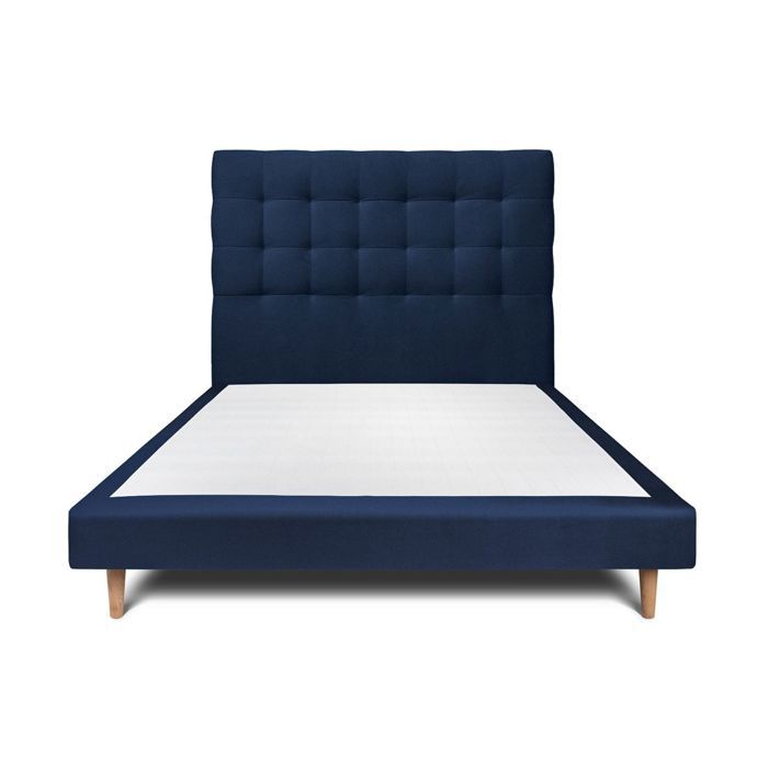 Lit 160x200cm - MARQUE - Modèle - Tête de lit capitonnée - Sommier tapissier - Bleu