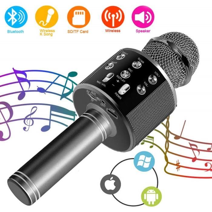 Microphone Karaoke Sans Fil - Bluetooth Portable pour Enfants/Adultes Chanter - Noir et gris - Batterie - Mixte
