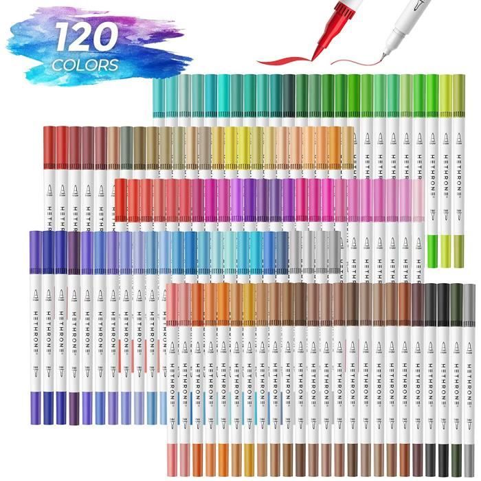 120 noir Hethrone Feutre Coloriage Adulte Enfant 120 Couleurs Feutres Pinceaux Aquarelle Double Pointe pour Dessin Bullet Journal Calligraphie Art Mandalas