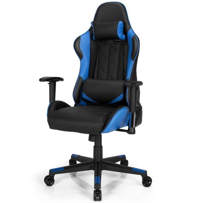 COSTWAY Chaise Gaming R&eacute;glable &agrave; Dossier Inclinable de 90&deg;-160&deg; avec Appui-t&ecirc;te Renfort Lombaire et Accoudoirs Rembourr&eacute;s Bleu