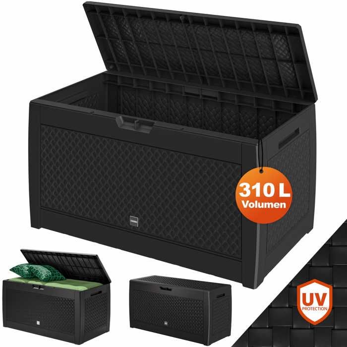 Coffre de Rangement Aspect osier Anthracite Malle 310 litres Stockage Coussins avec roulettes Extérieur Jardin