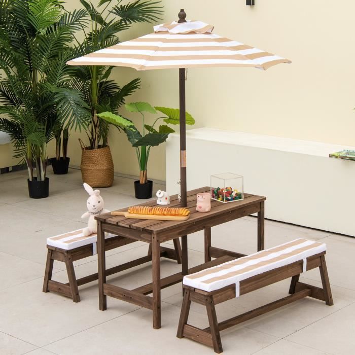 DREAMADE Ensemble Table et Bancs de Jardin en Bois Enfants avec Parasol & Coussin Mobilier de Pique-nique Intérieur&Extérieur