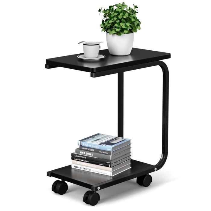 giantex table d’appoint/lit/canapé avec 4 roues à 360°, 2 tablettes de rangement chacun charge 20 kg, 50 x 30 x 59 cm, noir