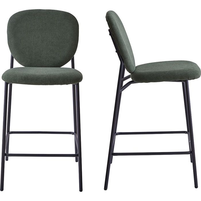 Lot de 2 tabourets de bar en velours côtelé vert piètement métal noir - Betty Lot de 2 tabourets de bar en velours côtelé vert piètement métal noir - Betty