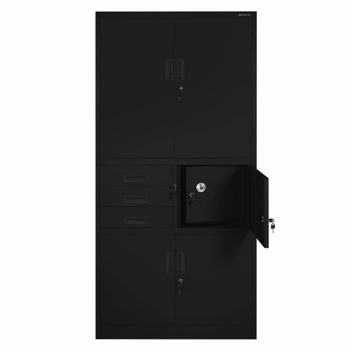 Armoire de Bureau C018S II Métallique Coffre-Fort Compartiment Secret Portes battantes 185 cm x 90 cm x 40 cm (Noir)
