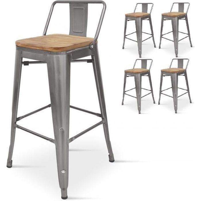 kosmi - lot de 4 chaises de bar style industriel avec dossier en métal brut et assise bois clair - hauteur assise 76 cm