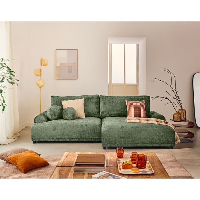 Canapé D'angle Rouge Mona Lisa – Retour à Droite + Pouf Rayé & 2 Coussins