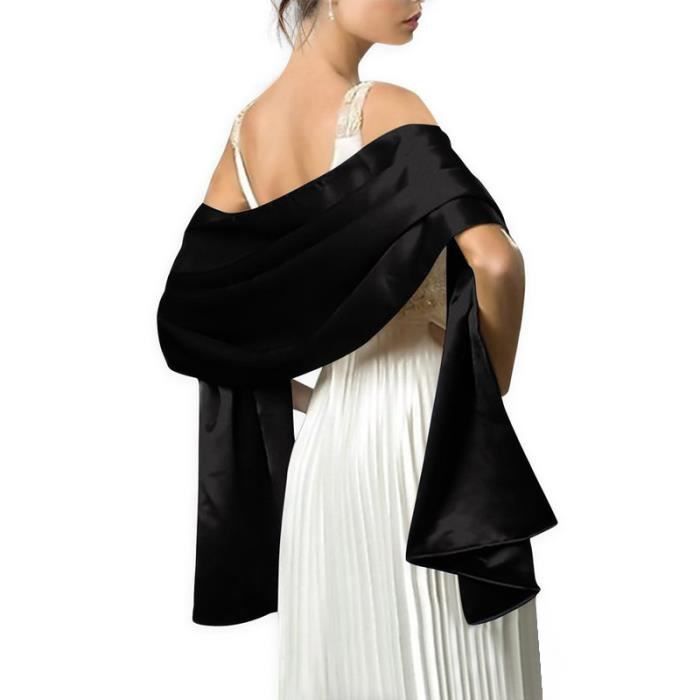 écharpe femme châle foulard étole pashmina en satin unicolore elegant soirée bal mariage cadeau grande taille 175x45cm noir