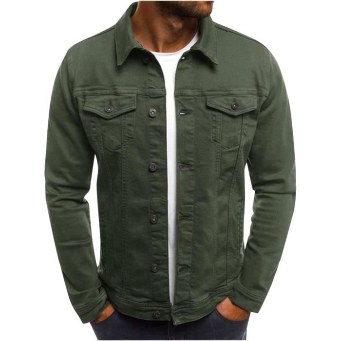 Vestes - veste en denim pour homme manteau classique élégant revers simple veste de travail slim fit Terre verte