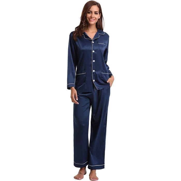 Pyjama Femme 2 Pièces En Satin Polyester - Manches Longues Col V - Haut à Poches Et Pantalon - Confortable Pour Dormir Ou Lounger