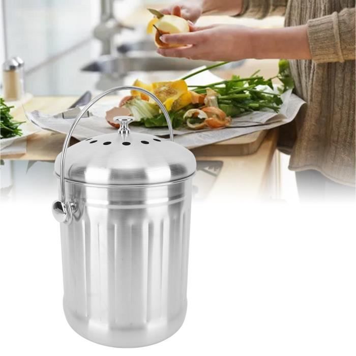 TOPPERFUN Poubelle Cuisine Acier Inoxydable 10L - Bac à Compost Compact Avec Couvercle Et Poignée Portable