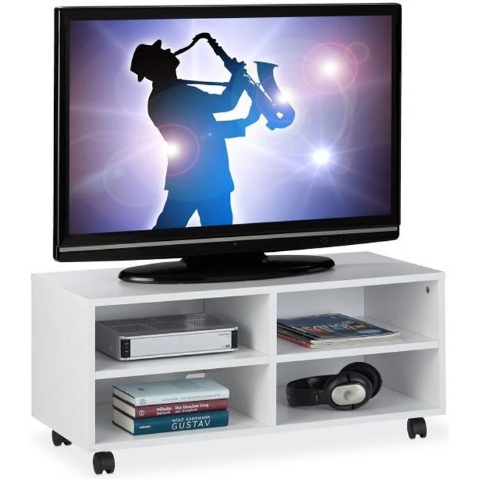 Relaxdays Meuble TV avec 4 compartiments, sur roulettes, pour CDs, DVD et consoles, Table HiFi salon, HlP 35x80x35cm