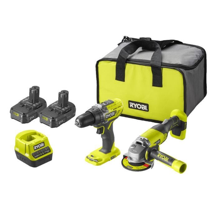 RYOBI ONE+ Pack duo perceuse meuleuse 18V sans fil 2 batteries de 2Ah et un sac de transport