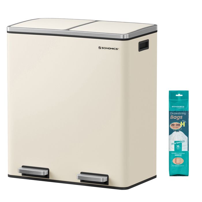 Poubelle à Double Compartiment 2 x 30L avec 15 Sacs Poubelles 2 Seaux en Plastique Fermeture en Douceur Hermétique Crème