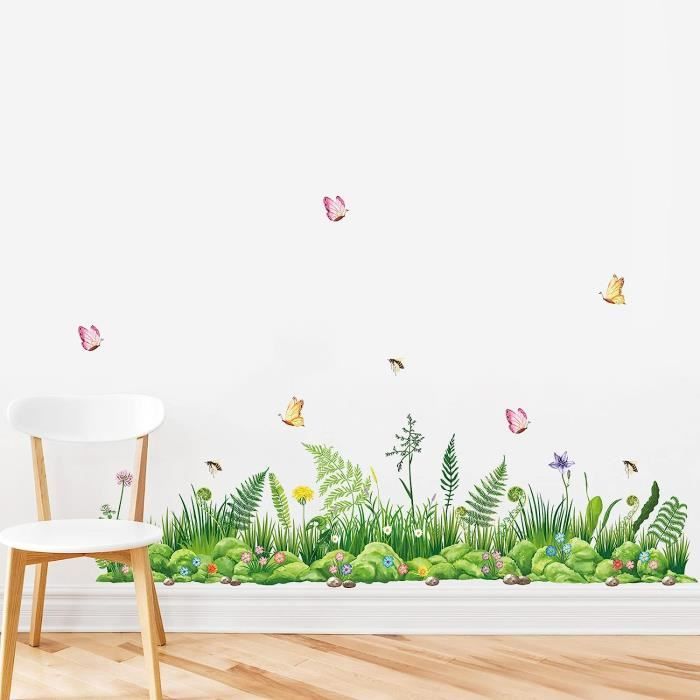 Stickers Muraux Herbe Verte Et Fleurs - Décoration Coin Plinthe Papillons Chambre Enfant Salon