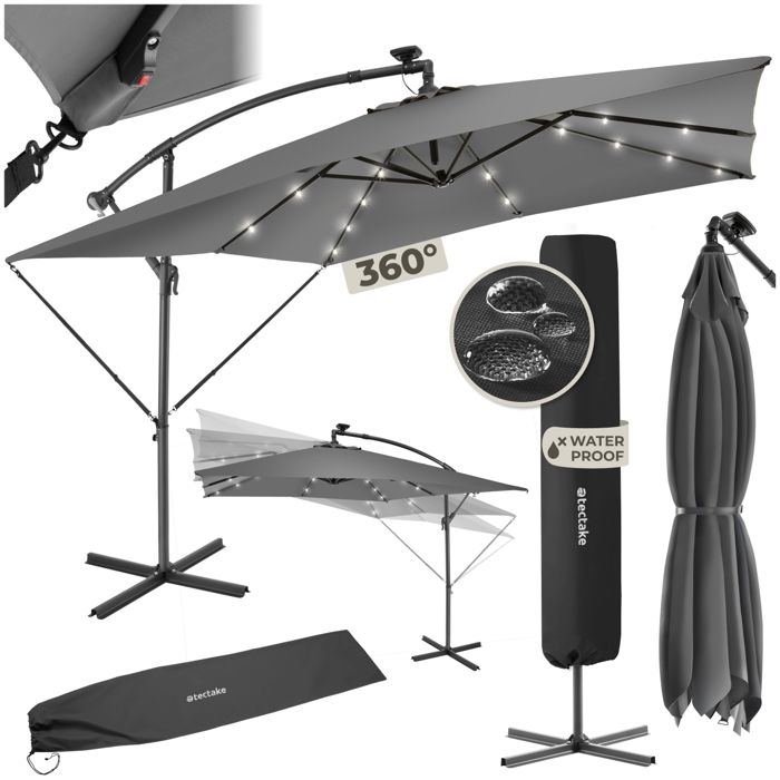 Parasol - TECTAKE - Parasol à LED solaire SUNNA avec manivelle et inclinaison réglable housse incluse 25 x 25 m - Gris clair