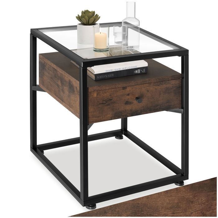 Table dappoint - TECTAKE - Table de chevet PRESTON avec plaque en verre et tiroir en bois et acier 43 x 45 x 54 5 cm - Bois foncé Table dappoint - TECTAKE - Table de chevet PRESTON avec plaque en verre et tiroir en bois et acier 43 x 45 x 54 5 cm - Bois foncé