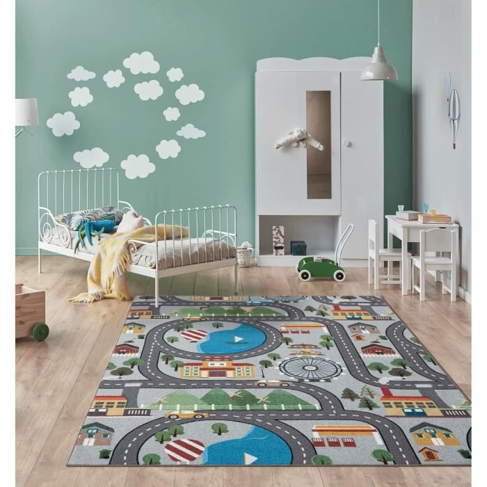 Tappeto Da Gioco Rotondo The Carpet Happy Life, 160x160 Cm, Strada E Animali, Lavabile E Antiscivolo, Per Bambini