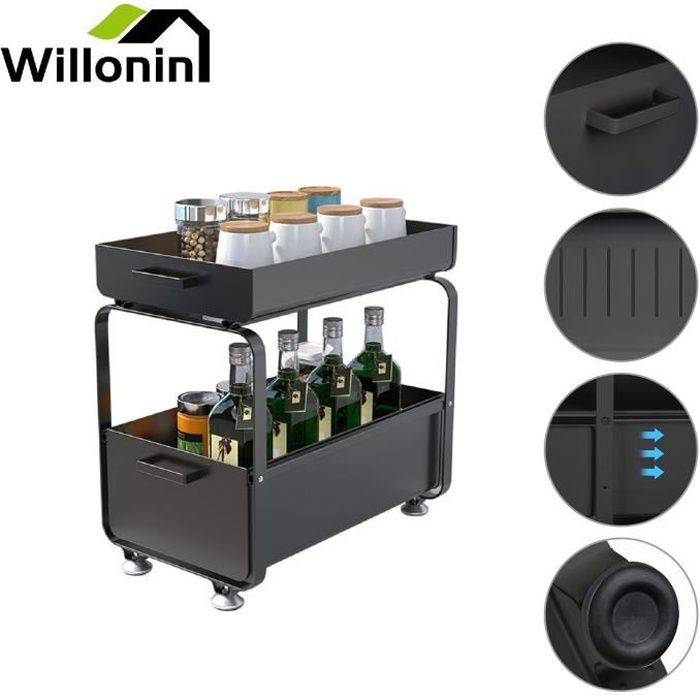 Etagère de Rangement sous évier à 2 niveaux Willonin® avec 2 tiroirs coulissants en acier pour Cuisine - Noir