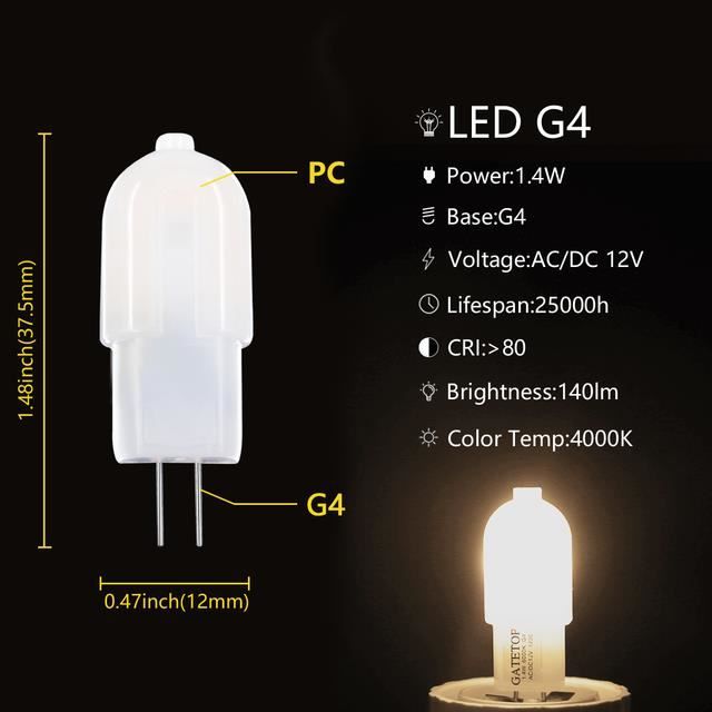 G4 LED Ampoule, 1.4W Equivalent 10W Halogène Lampe, AC/DC 12V