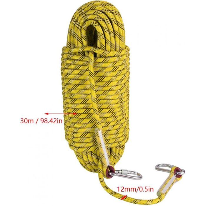 Corde D'escalade Et De Survie 12mm, 20m, Haute Résistance 2100kg, Avec Boucle Cousue Et Mousqueton