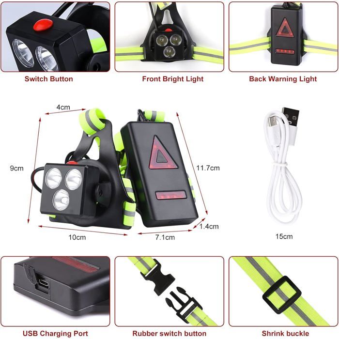 Lampe de course nocturne WEST BIKING, lampe torche de poitrine, lampe de poche rechargeable par USB avec feu arrière d'avertissement, lumière de course nocturne à LED Lampe de course nocturne WEST BIKING, lampe torche de poitrine, lampe de poche rechargeable par USB avec feu arrière d'avertissement, lumière de course nocturne à LED