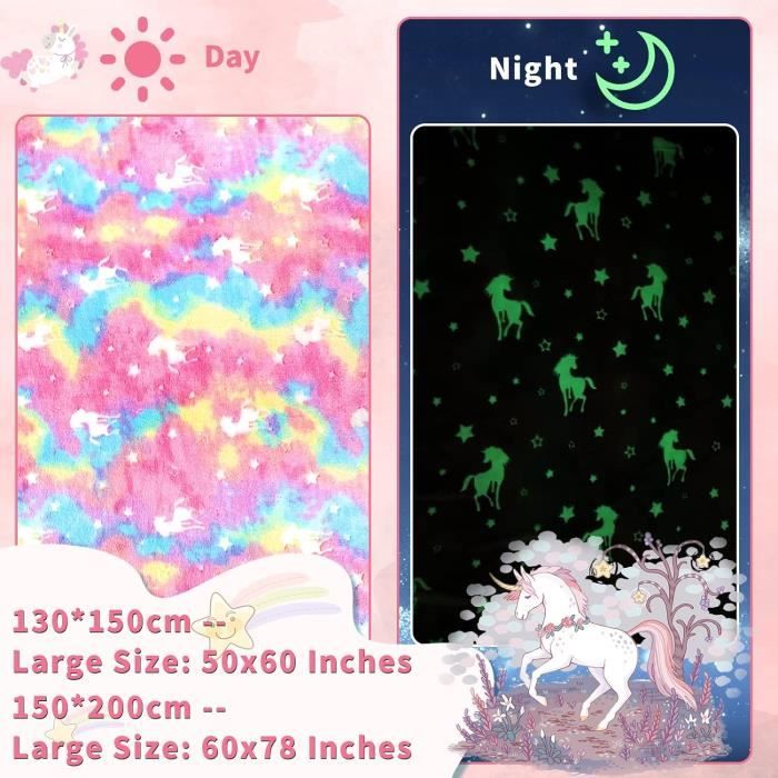 Couverture Lumineuse Licorne 135x160cm - Phosphorescente - Enfants - Brille Dans Le Noir - Lavable Machine