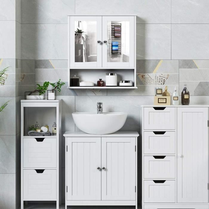 Yaheetech Meuble Sous Lavabo 60 Cm Blanc – Armoire Salle De Bain MDF Anti-Humidité Avec Tiroir & 2 Portes, Design Scandinave Meuble Rangement Salle Bain 60x30x60