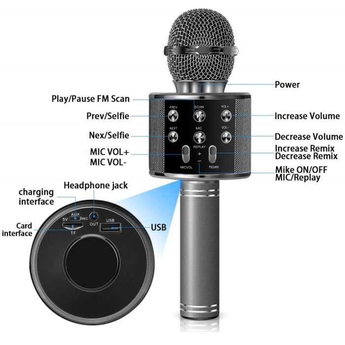 Microphone Karaoke Sans Fil - Bluetooth Portable pour Enfants/Adultes  Chanter - Noir et gris - Batterie - Mixte - Cdiscount Jeux - Jouets