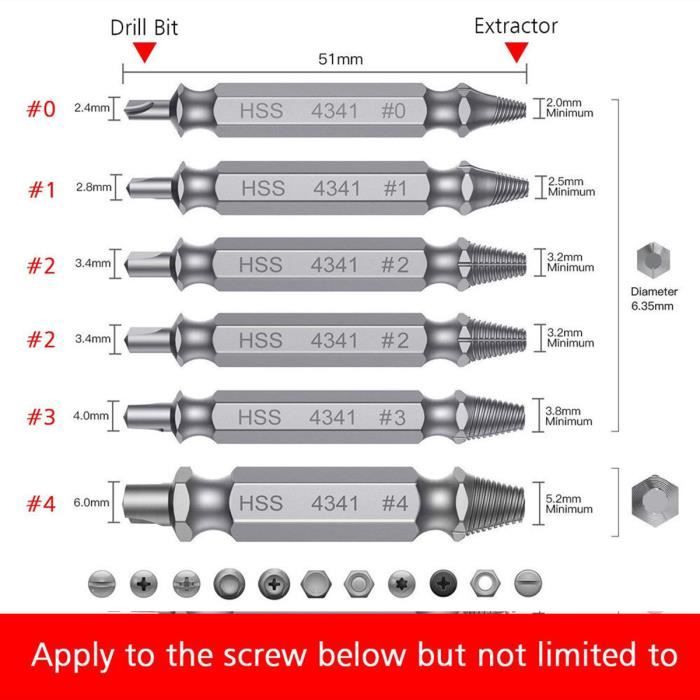 Lot de 6 Extracteur de vis cassée endommagées pour Extraire Vis Foirées Cassées Abimées