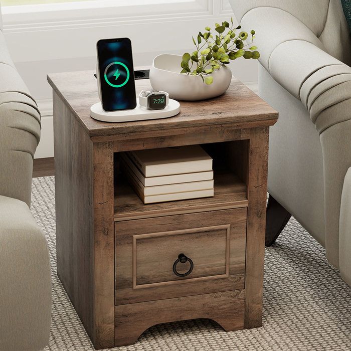 Table De Chevet Avec 3 Compartiments Ouverts, Table D'appoint En Bois Avec 4 Pieds De Support En Metal 50 X 32 X 58 Cm Marron Rustique 96207269