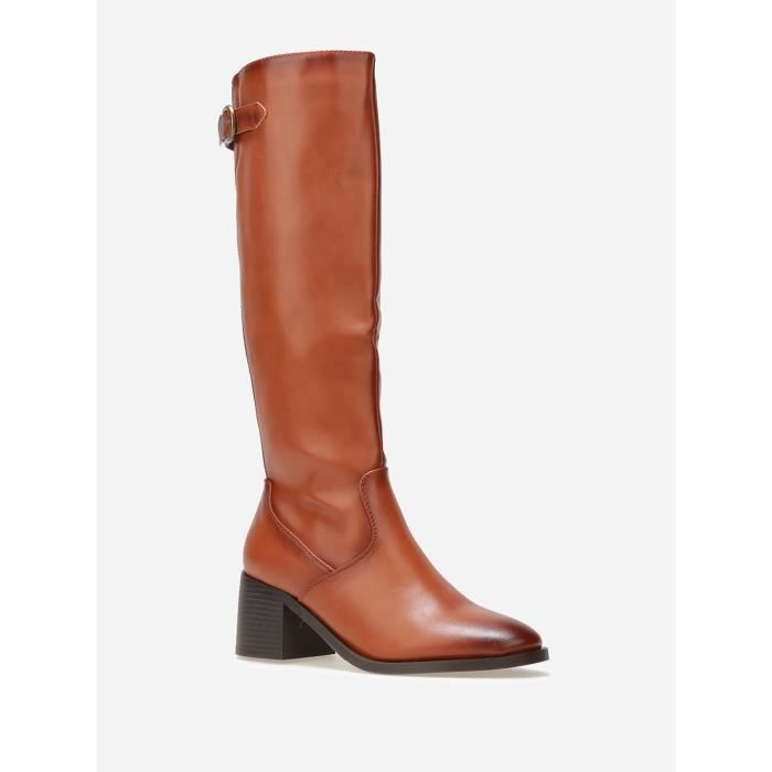 Bottes cavalieres LA MODEUSE sangle et boucle metallique Camel Blanc talon carre 3cm Camel Cdiscount Chaussures