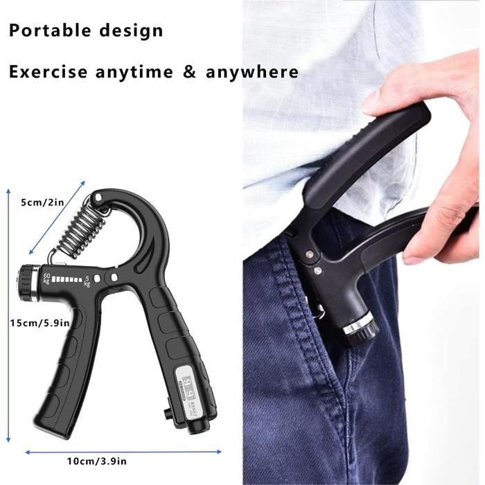 Hand Grip Ajustable 10–60 Kg – Exerceur De Poignet Et Avant-bras, Résistance Variable, Noir