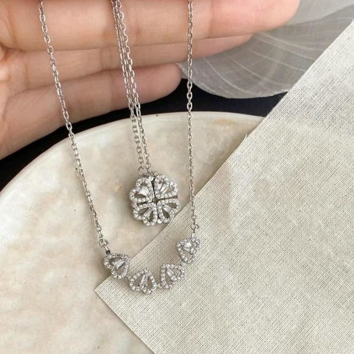Collier Fantaisie Pendentif Trèfle à 4 Feuilles Avec Pierres - Doré - Occasion