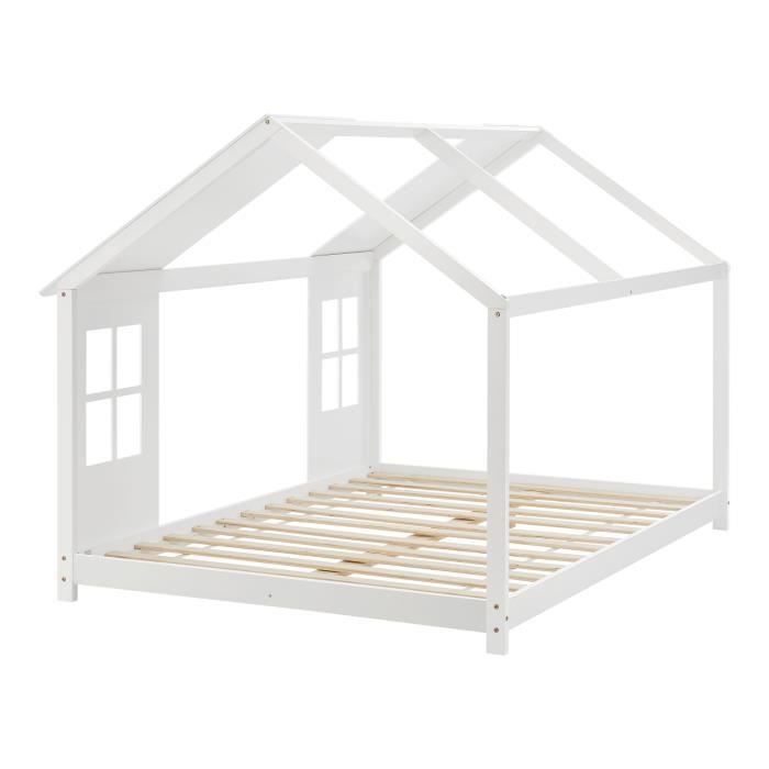 Lit Enfant Forme Maison Cabane [en.casa] Avec Sommier à Lattes Et Toit Amovible - 90 X 200 Cm, Bois De Pin Naturel Beige