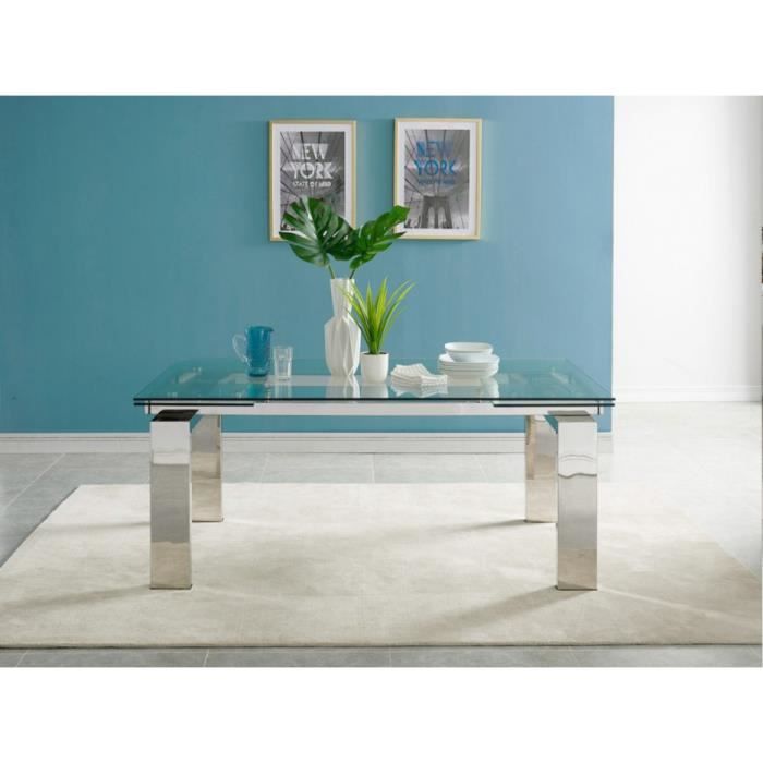 Table extensible plateau Verre pieds métal Noir mat 140 cm - POKENO Matière  Verre / Métal Couleur Transparent