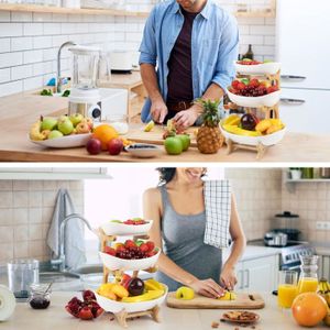 Corbeille à Fruits 3 Étages En Céramique Blanche - Support Métal Pour Cuisine Et Table