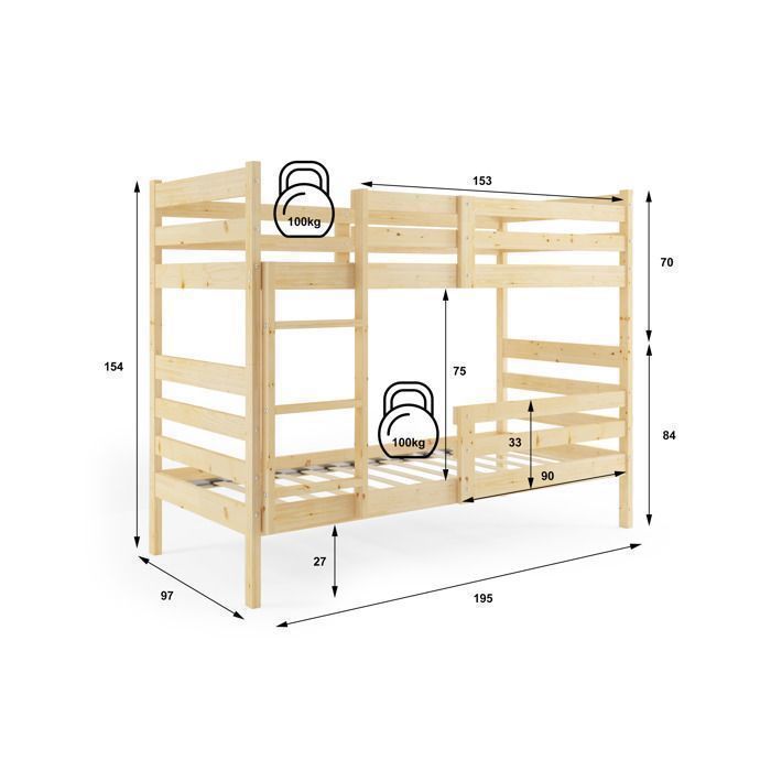 Lit Superposé Enfant 2 En 1 Modulable En Pin Massif - Transformable En 2 Lits Simples 90x200 Cm - Idéal Chambre Ado