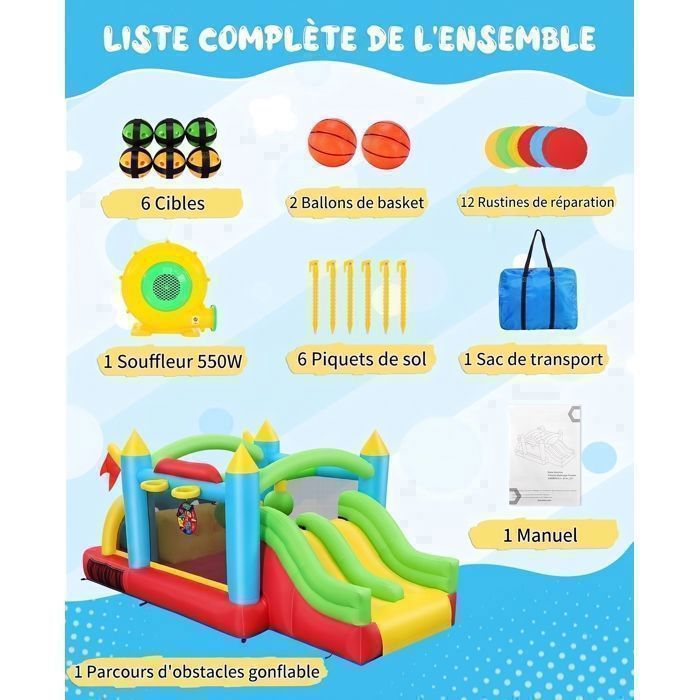 Château gonflable pour enfants de 3 à 10 ans - 360 x 320 x 200 cm - avec souffleur + toboggan + piscine - Oxford - Multicolore