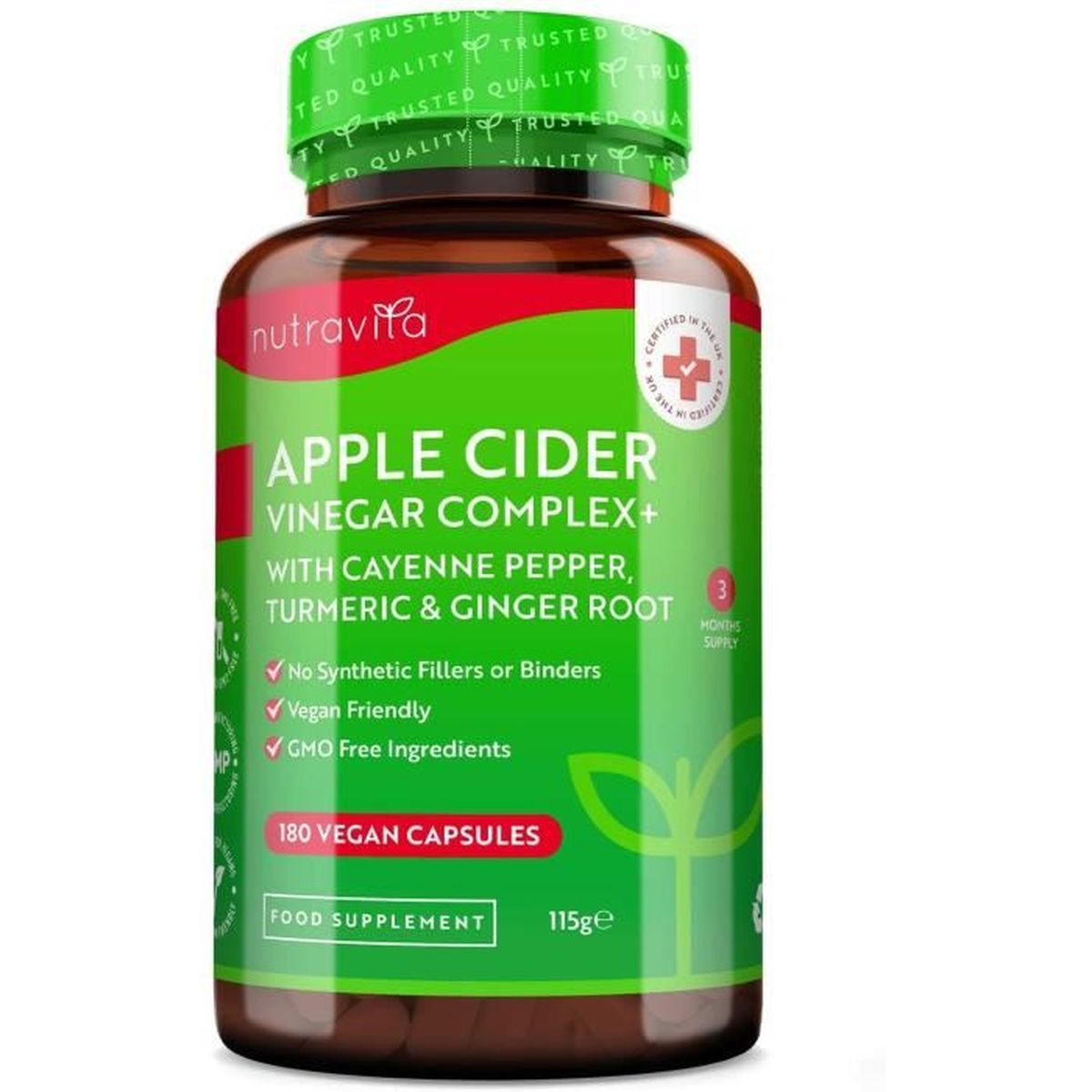 Vinaigre de Cidre de Pomme 1033 mg 180 gélules végane de vinaigre de cidre bio Avec du